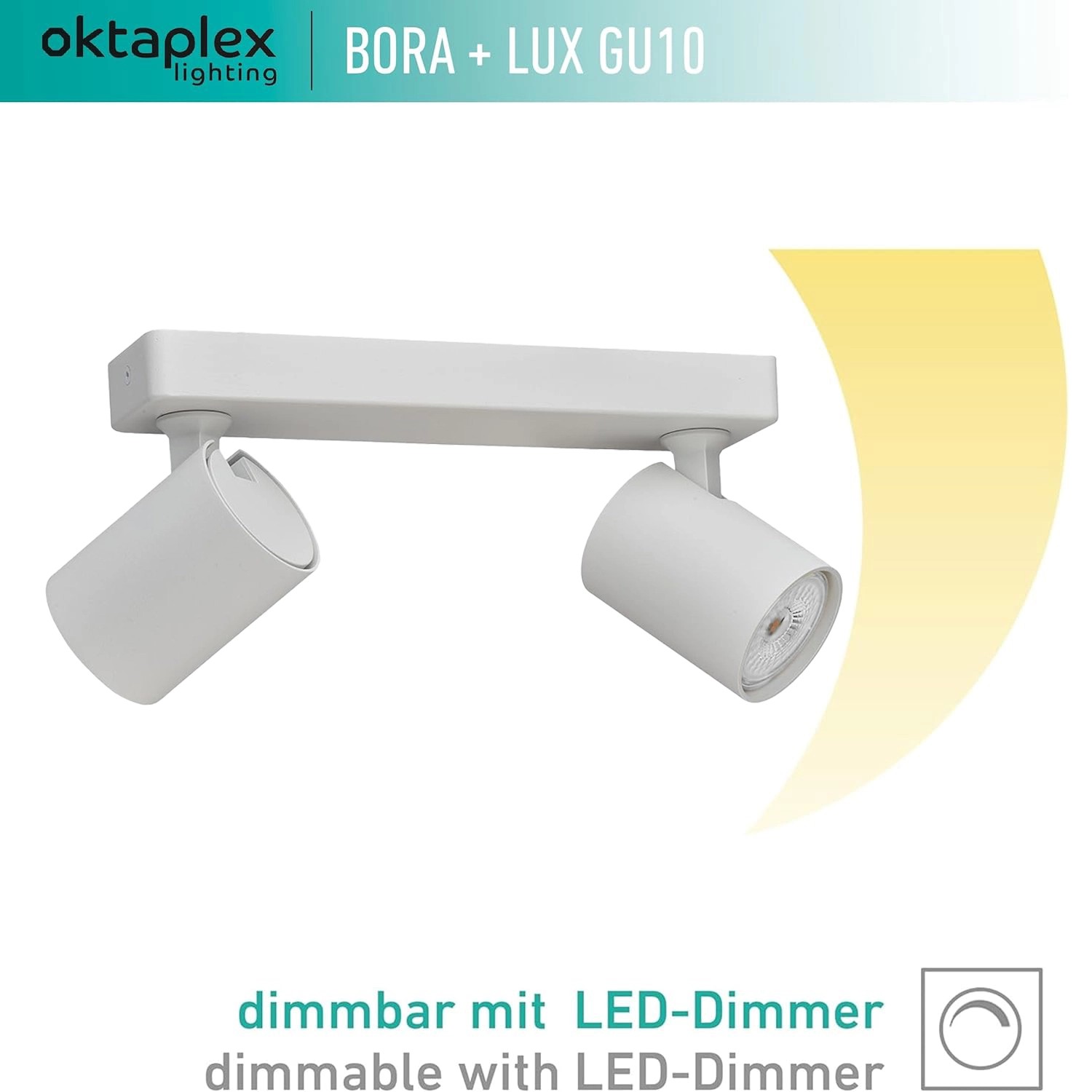 Weißer, dimmbarer 2-flammiger LED-Spotbalken Bora von Oktaplex mit GU10 Leuchtmitteln.