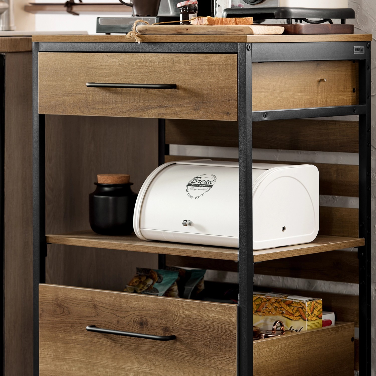 SoBuy Servierwagen FKW118-PF im Vintage-Look mit Schubladen und Ablagen auf Rollen.