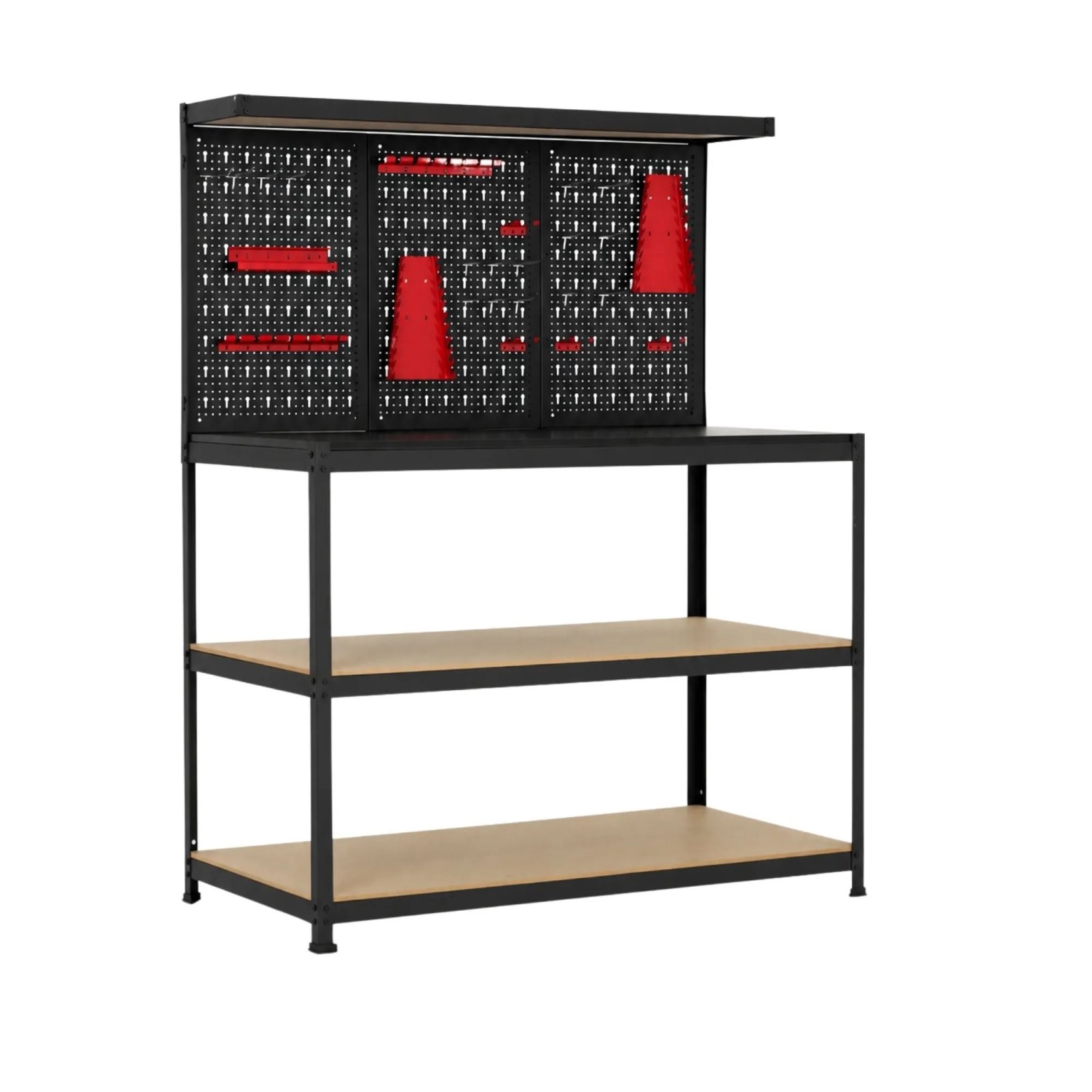 PROREGAL Profi Werkbank ARES Mit Werkzeug Lochwand155x120x60cm Inkl. 25-teiligem Werkzeughalter-Set Schwarz Werktisch Mit Lochplatte Arbeitstisch
