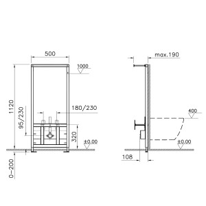 Pianura Trockenbau Bidet Element 112cm, Schema mit Maßen für Wand-Bidet Montage.