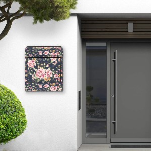 Banjado Design Briefkasten, schwarz pulverbeschichtet mit Rosenmotiv auf Anthrazit, mit Zeitungsfach.