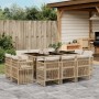 Beige 11-tlg. Garten Essgruppe aus Poly Rattan mit Tisch, Stühlen und Kissen.