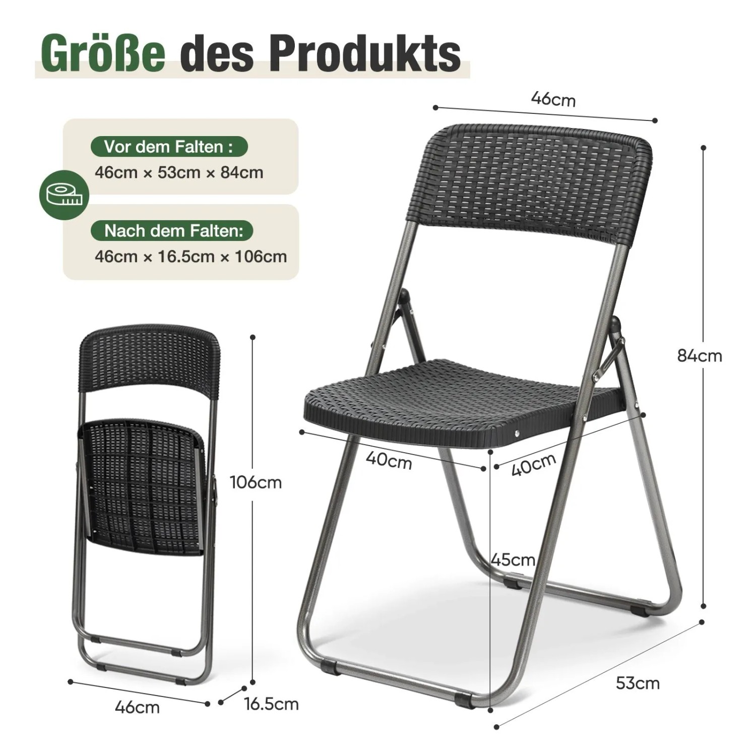Sekey Rattan Gartenstuhl, klappbar, Maße offen und geschlossen dargestellt.