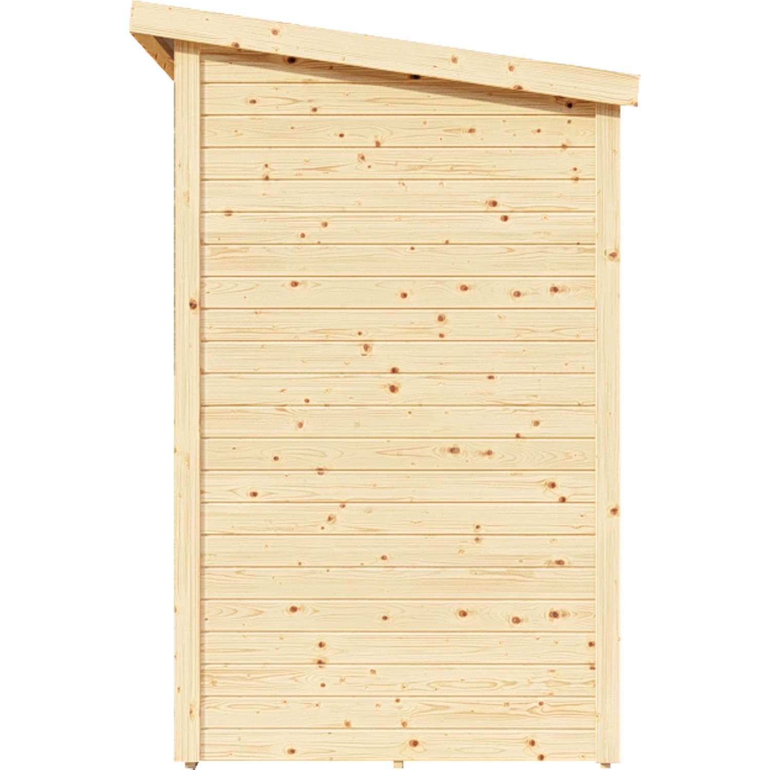 Detailansicht Gartenhaus Amrum aus Holz, naturbelassen, mit Flachdach.
