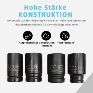 CCLIFE 3/4 Zoll Kraft Schlagschrauber Nüsse 10tlg Sechskant Nuss Schlagnuss 22-50MM Lang Steckschlüsselsatz Stecknuss Set