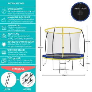Zero Gravity Outdoor Trampolin 305cm TÜV GS Smartes Klappnetz mit Leiter und Bodenanker