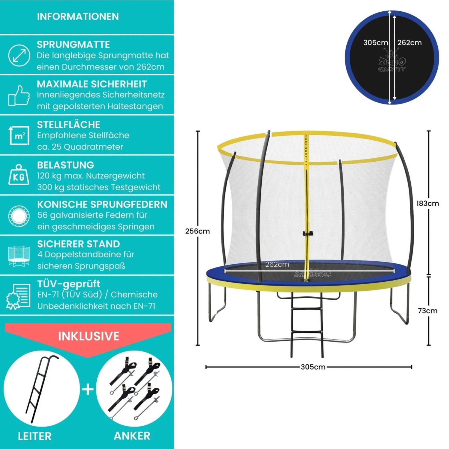 Zero Gravity Gartentrampolin 305cm mit Sicherheitsnetz, Leiter und Bodenanker.