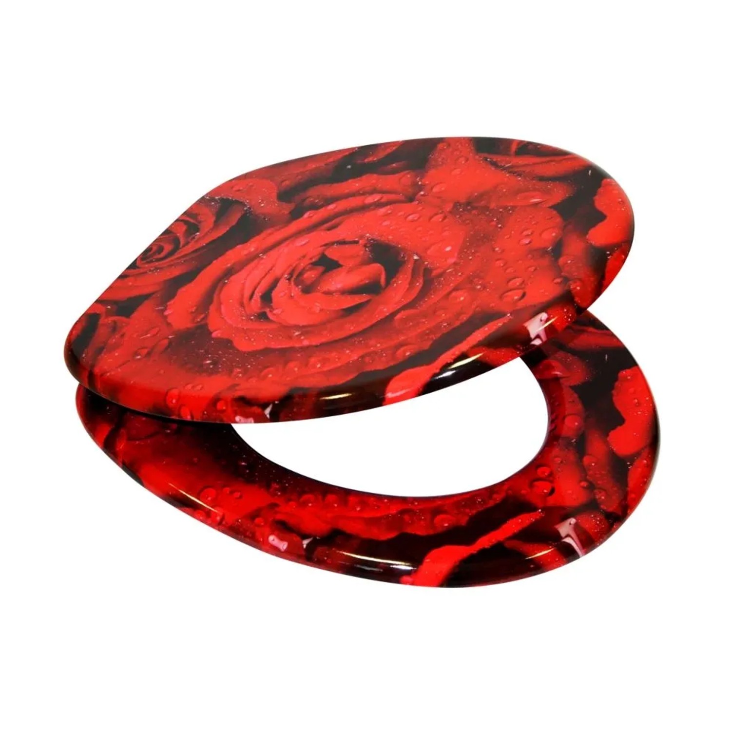 SANILO WC Sitz Rosen aus Holz, rot mit glänzendem Rosenmuster & Wassertropfen. Stabiler Toilettendeckel.