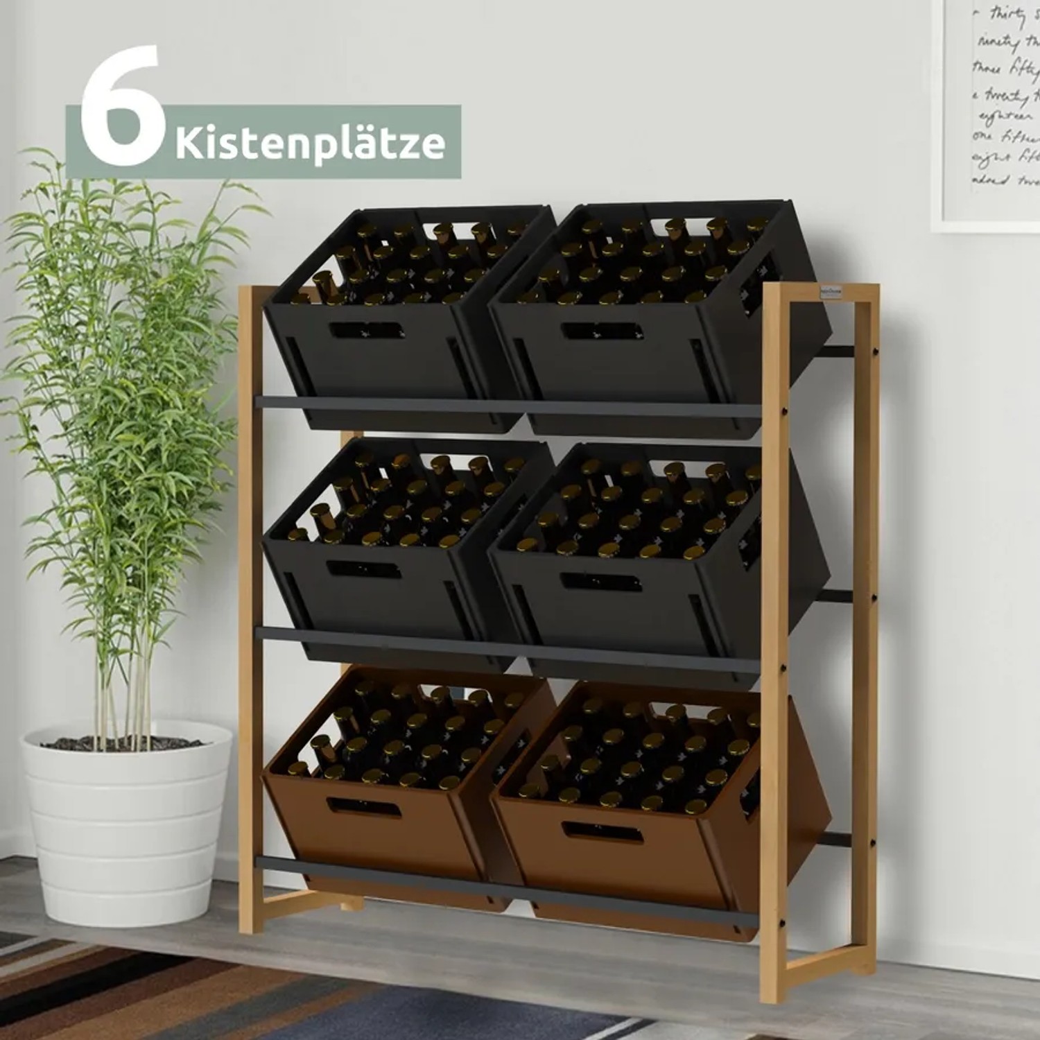 Holz4home Getränkekistenregal mit 6 Kistenplätzen und Edelstahlablage, schwarz.