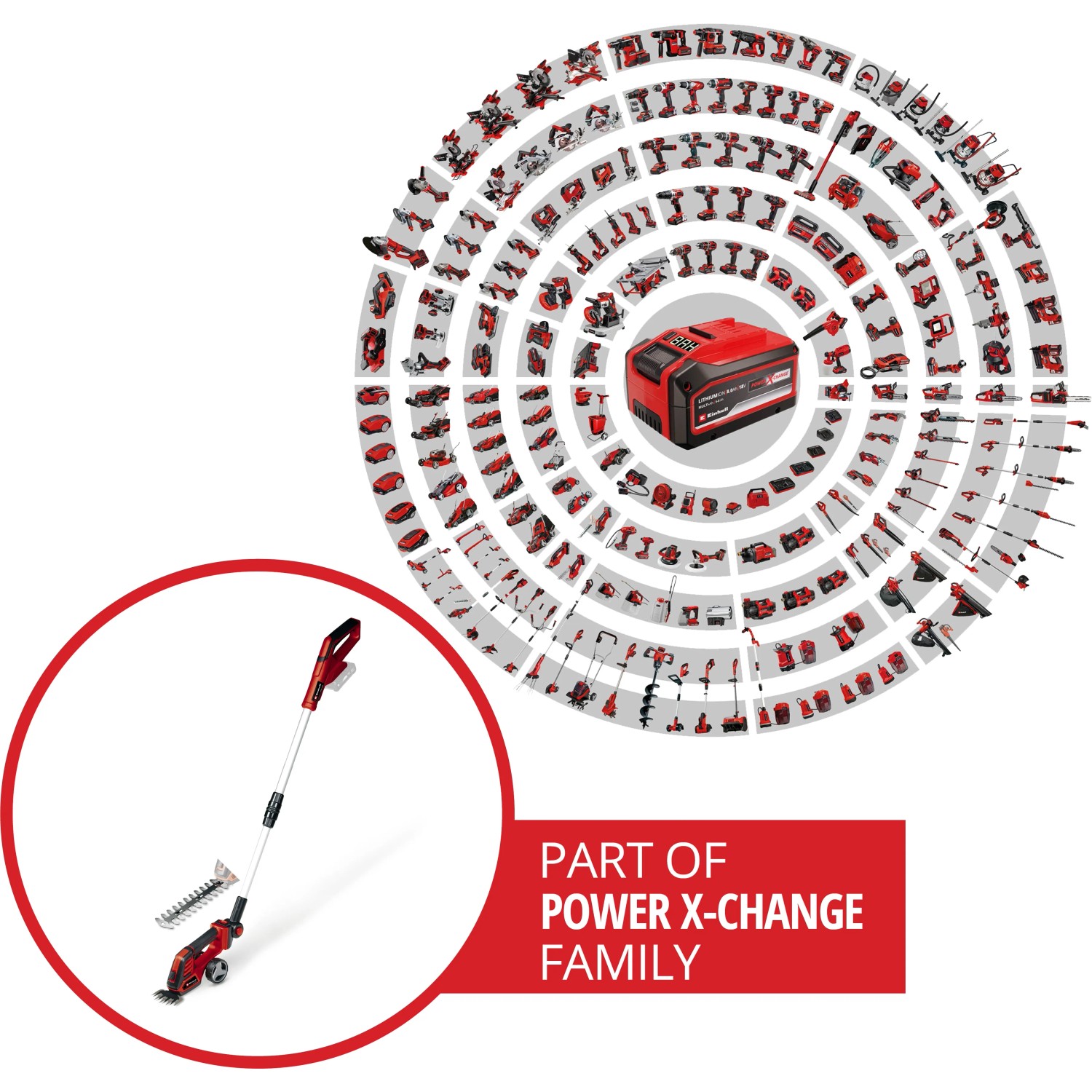 Einhell Akku-Gras- und Strauchschere GE-CG 18/100 Li T-Solo mit Teleskopstiel, Teil der Power X-Change Familie.