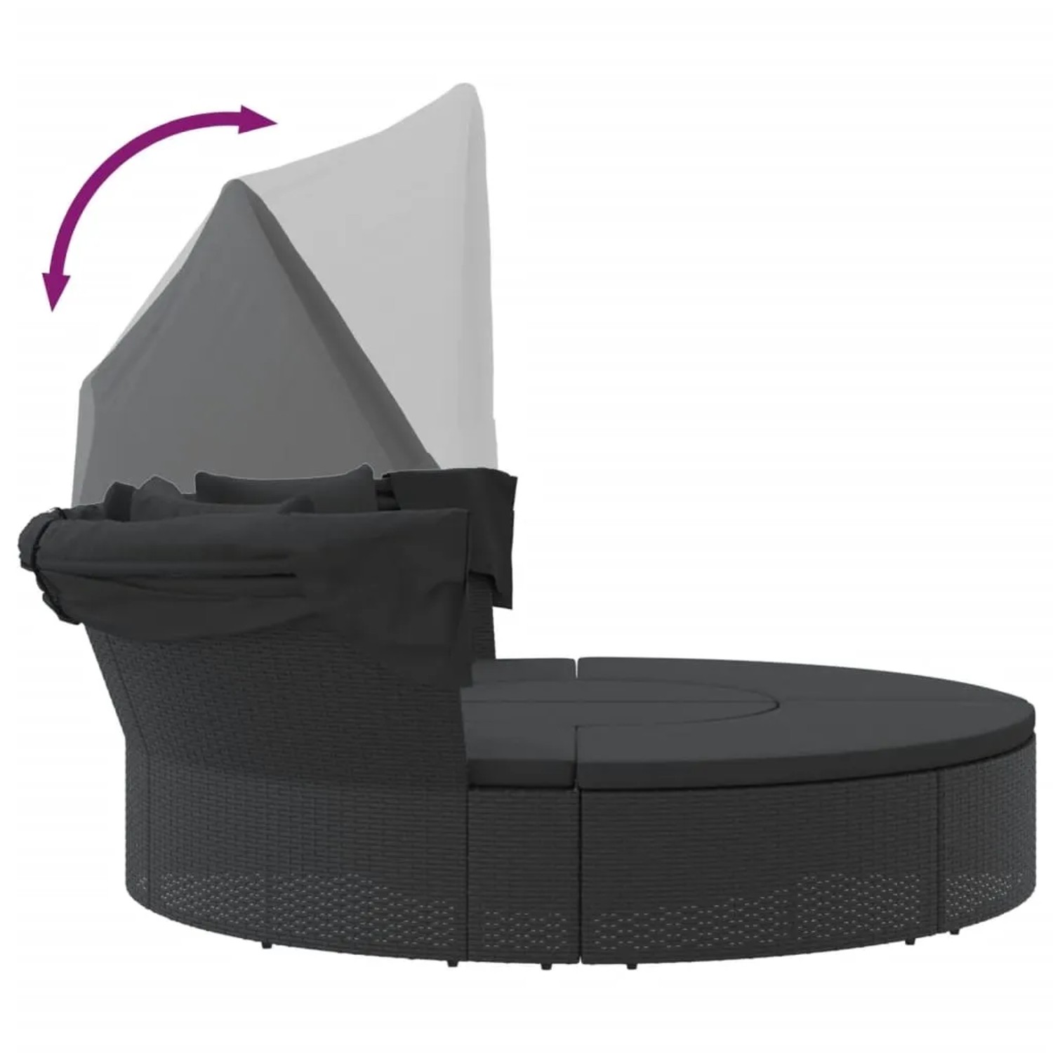 Schwarzes VidaXL Outdoor-Loungebett mit Dach und Kissen aus Poly Rattan.