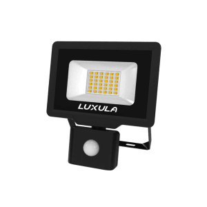Schwarzer LUXULA LED Fluter 30W mit Bewegungsmelder für Außen, warmweißes Licht.
