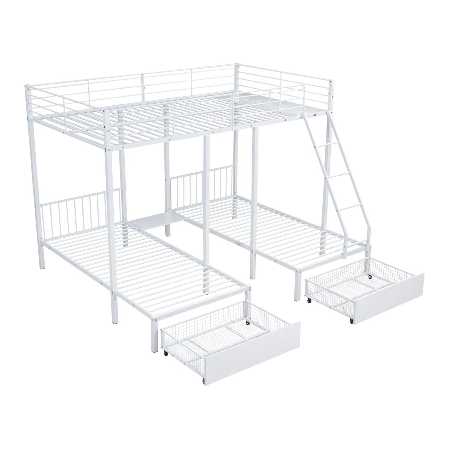 KOMHTOM Dreifaches Etagenbett Mit Schubladen Metallbettrahmen Umwandelbar In 140x200Cm Doppelbett Und Zwei 90x200Cm Einzelbetten Weiß