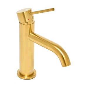Gebürstete goldene Waschtischarmatur aus Edelstahl, 16,5 cm hoch, mit Einhebelmischer. Modernes, rundes Design für Bad.