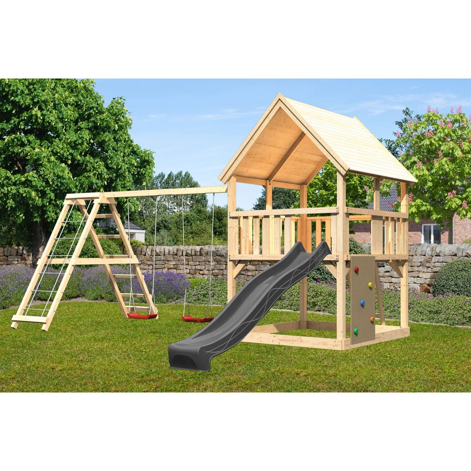 Karibu Spielturm Luis mit Rutsche, Schaukel, Kletterwand in Natur und Anthrazit für Kinder.
