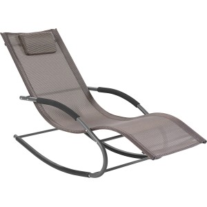 Graue Sanibel Sonnenliege mit Schaukelfunktion, Textilenbespannung, Armlehnen und Kopfkissen.
