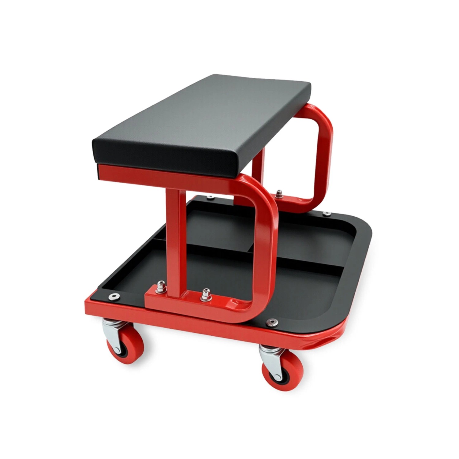 Relaxdays Werkstatthocker Stahl Kunstleder Schwarz Rot Mit Ablage Belastbar 100 kg 37 cm x 36,5 cm x 38 cm 4,9 kg