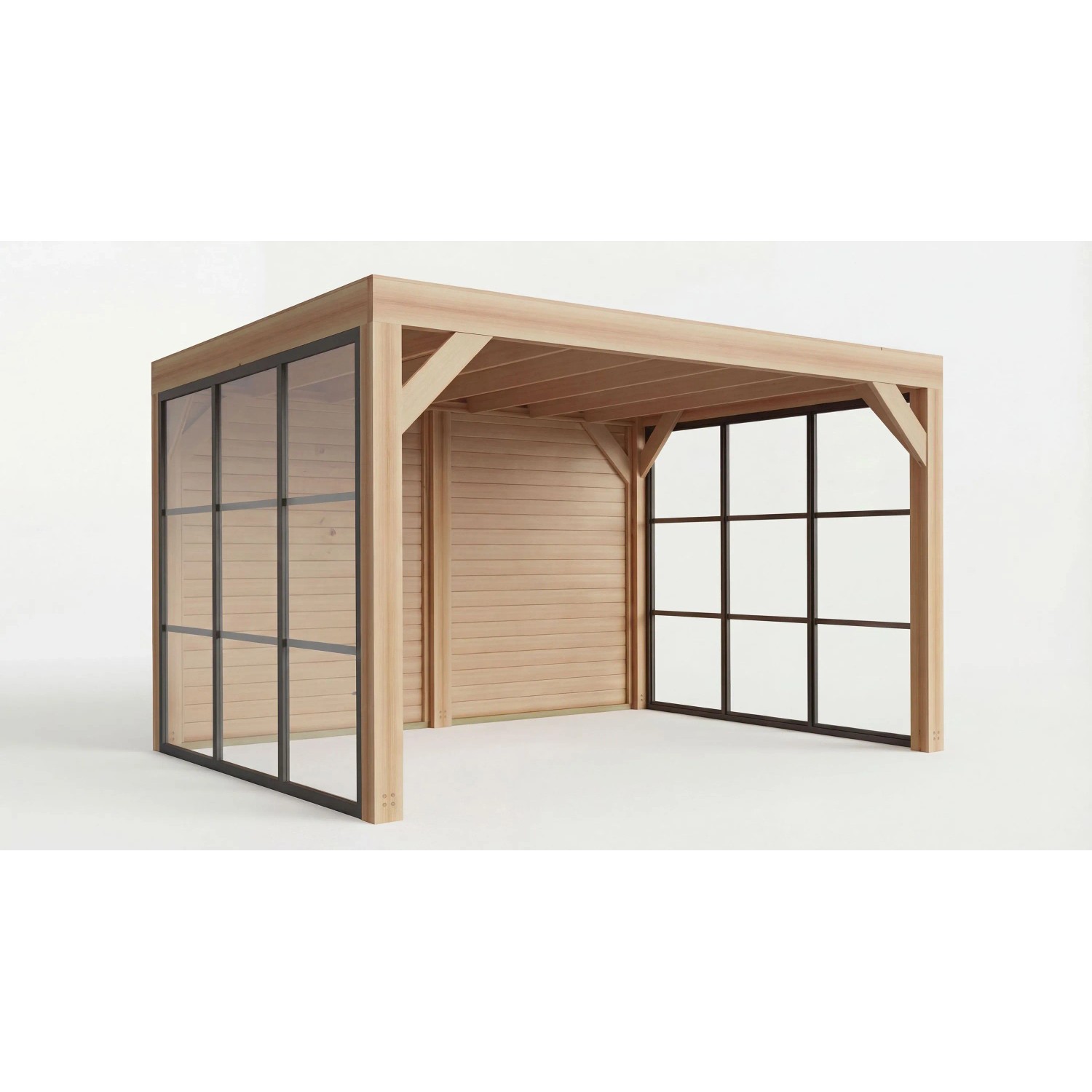 Moderne weka Gartenlaube Lumley aus Fichte mit Flachdach, Holzrückwand und Glaswänden. Stilvolle Terrassenüberdachung.