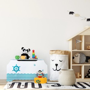 Relaxdays Spielzeugtruhe, weiß-blaue Kinderkiste mit Bücherfächern für Ordnung im Kinderzimmer.