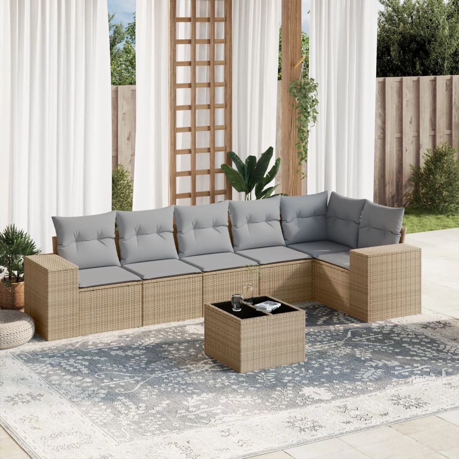vidaXL 7-Tlg Garten-Sofagarnitur mit Kissen Beige Poly Rattan 3254936_2