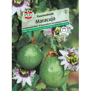 Sperli Maracuja Passionsfrucht Samen, Packung mit Früchten und Blüte.