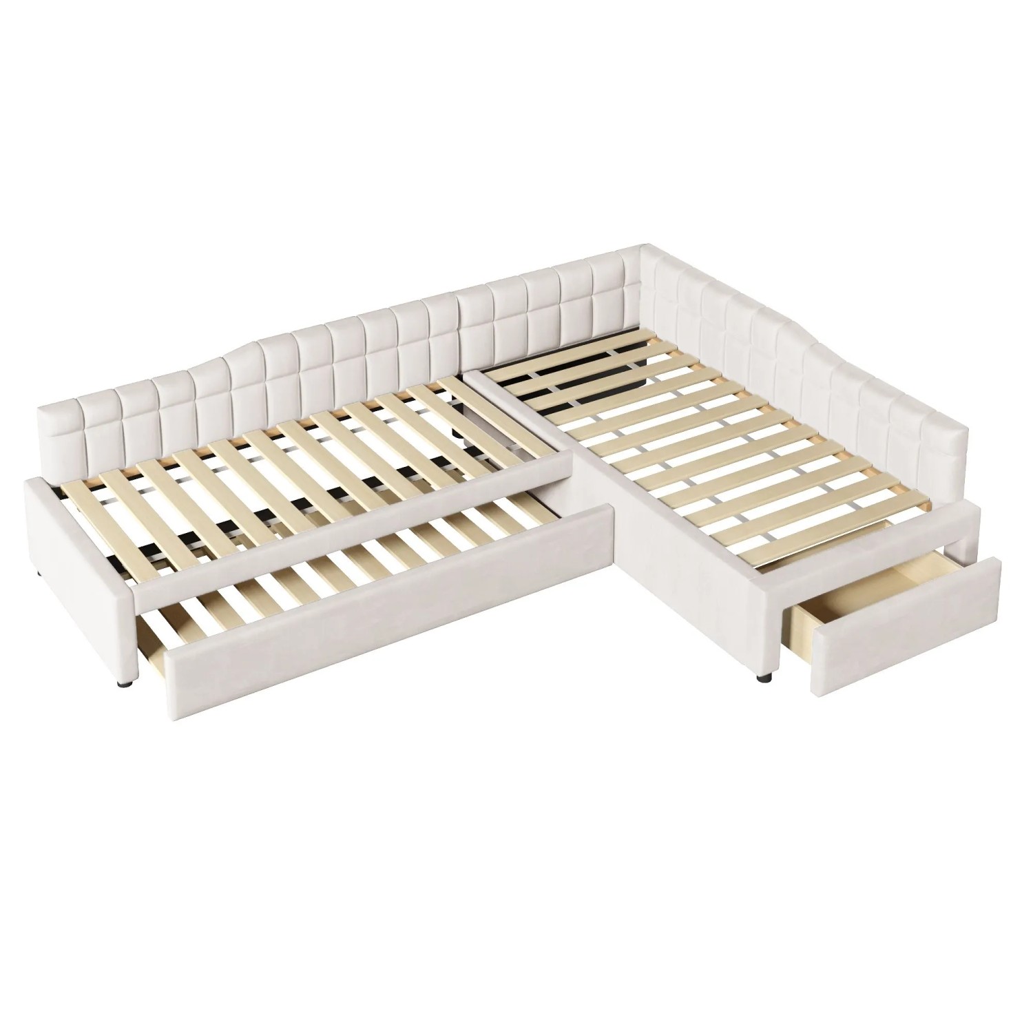 Merax L Form Polsterbett 90x200 cm Mit Ausziehbett Schubladen Samt Beige