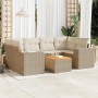 Beige 7-tlg. Garten-Sofagarnitur aus Rattan mit cremefarbenen Kissen und Akazienholztisch.