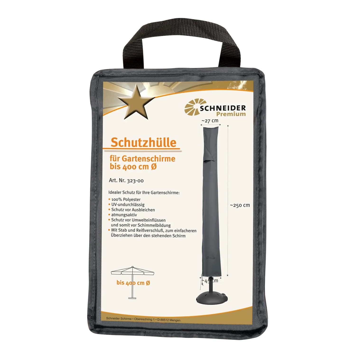 Verpackte Schneider Premium Schutzhülle für Gartenschirme bis Ø 400cm, mit Reißverschluss und Stab.