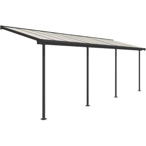 Graues Palram Terrassendach Sierra, 670x230 cm, mit Doppelstegplatten und Aluminiumrahmen.
