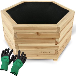 Sechseckiger holz4home Pflanzenkübel XL aus Tannenholz mit Gartenhandschuhen.