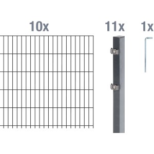 Metallzaun Grund-Set: 10 Doppelstabmatten, 11 Pfosten, 1 Werkzeug. Anthrazit beschichtet.