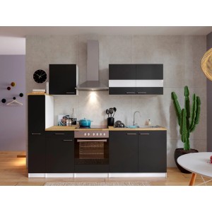 Respekta Küchenzeile KB240WSC, 240 cm, schwarz-weiß mit E-Geräten und Nussbaum Arbeitsplatte.