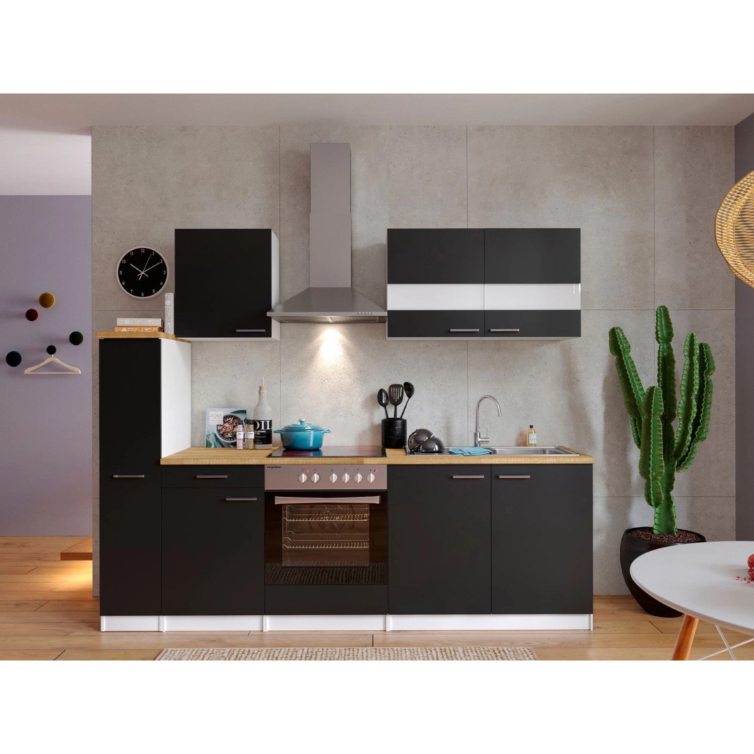 Respekta Küchenzeile KB240WSC, 240 cm, schwarz-weiß mit E-Geräten und Nussbaum Arbeitsplatte.