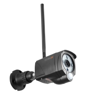 Technaxx IP-Kamera TX-145 WLAN für Außenüberwachung mit Antenne und Infrarot-LEDs.