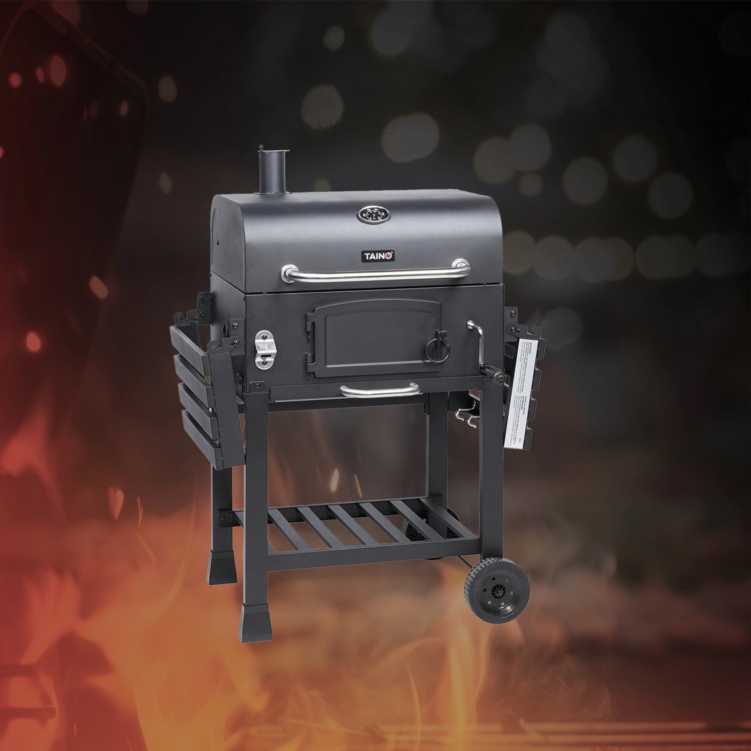 Taino Hero XL Holzkohlegrill BBQ Grillwagen Smoker Räucherofen mit Ablageflächen und Rädern.