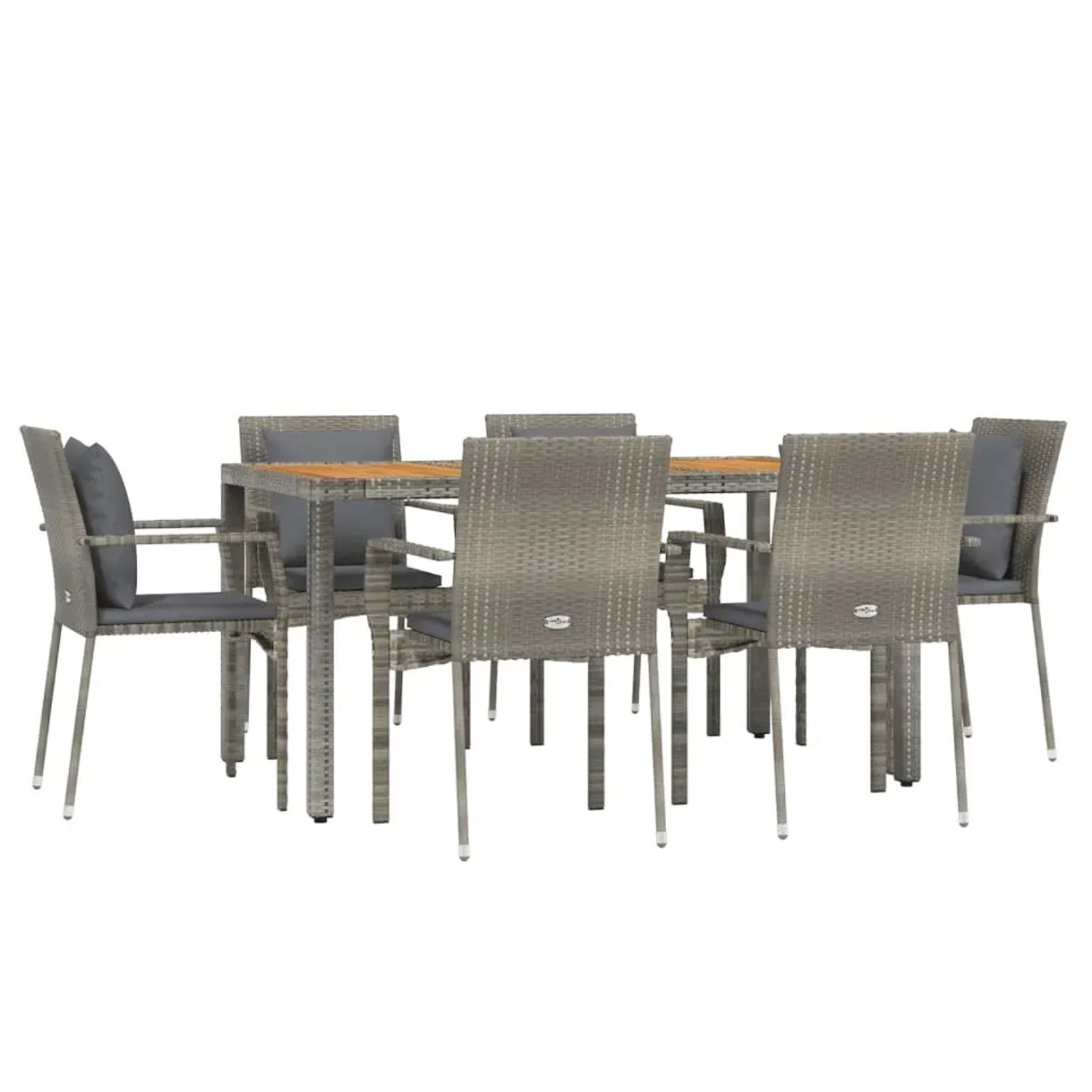 Graue 7-tlg. vidaXL Garten-Essgruppe aus Rattan mit Tisch und Stühlen inklusive Kissen.