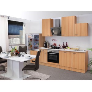 Flex-Well Classic Küchenzeile Nano 280 cm in Buche Nachbildung mit E-Geräten und Esstisch.