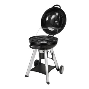 Schwarzer Taino Neo Holzkohle Kugelgrill mit klappbarem Deckel und Thermometer. Grill aus Stahl mit Warmhalterost.