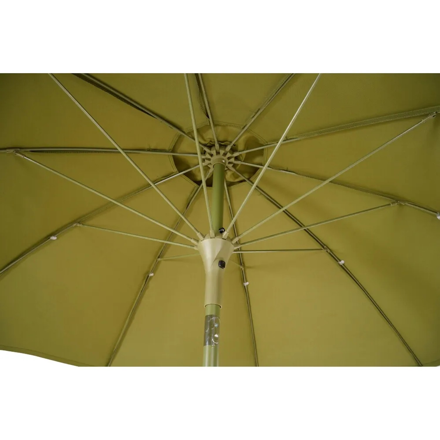 Detailaufnahme: Siena Garden Marktschirm, Ø 270 cm, Olive, mit Schieber, Blick von unten.