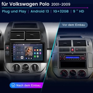 Junsun Autoradio für VW Polo 9N (2001-2009) vor und nach dem Einbau. Modernes Android Touchscreen-Display.