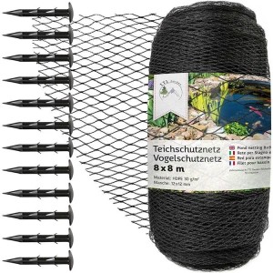 Anthrazitfarbenes Teichschutznetz 8x8m mit Heringen, Vogelschutznetz für Gartenteiche.