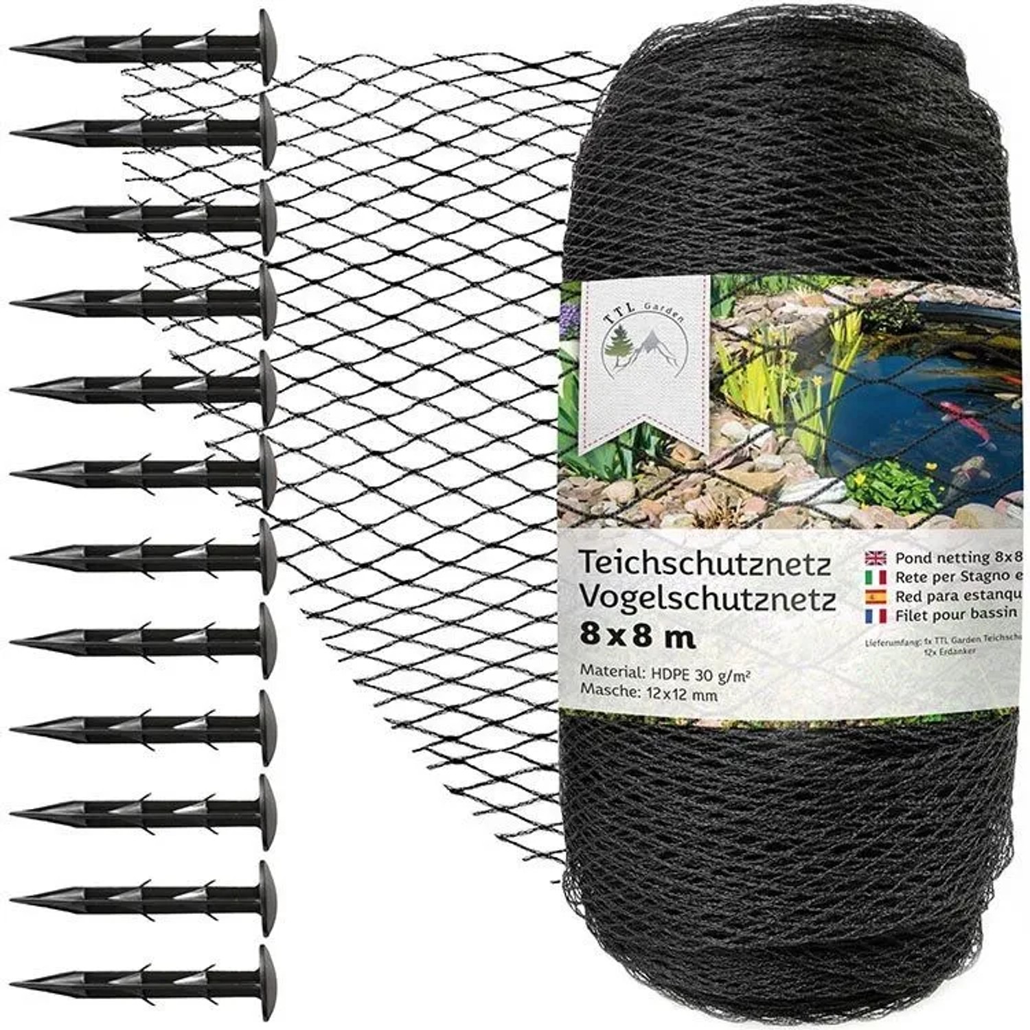 TTL GARDEN Teichschutznetz 8x8m 12x12mm 30g/m² Anthrazit Vogelschutznetz Teichnetz Laubnetz Gartennetz aus HDPE