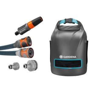Gardena Liano™ Xtreme 15m Gartenschlauch-Set mit Tasche, Spritze, Verbindern und Adaptern.