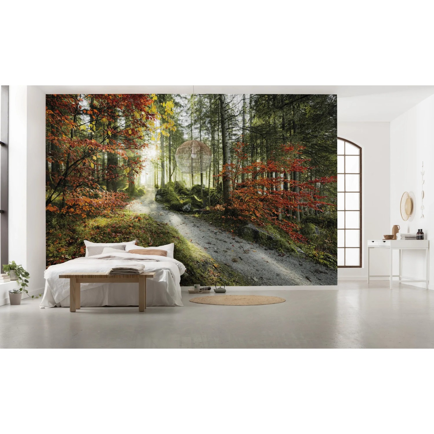 Vlies Fototapete Feuerzungen 450x280 cm mit Waldweg im Herbst, angebracht im Schlafzimmer.