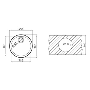 Technische Zeichnung Pyramis Einbaubecken CR rund, Maße für Einbau und Becken.