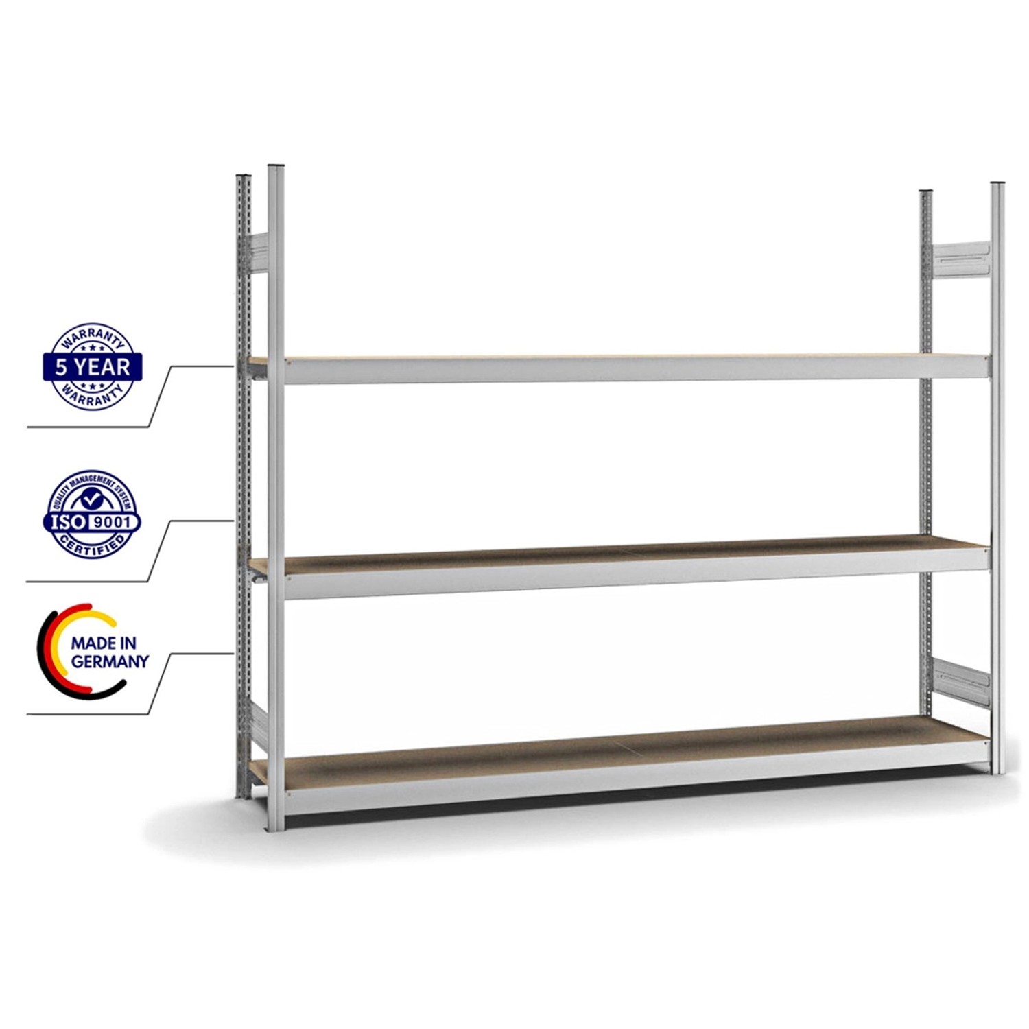 Verzinktes PROREGAL Weitspannregal mit 3 Spanplatten-Ebenen, 200x250x40 cm, Fachlast 350 kg.