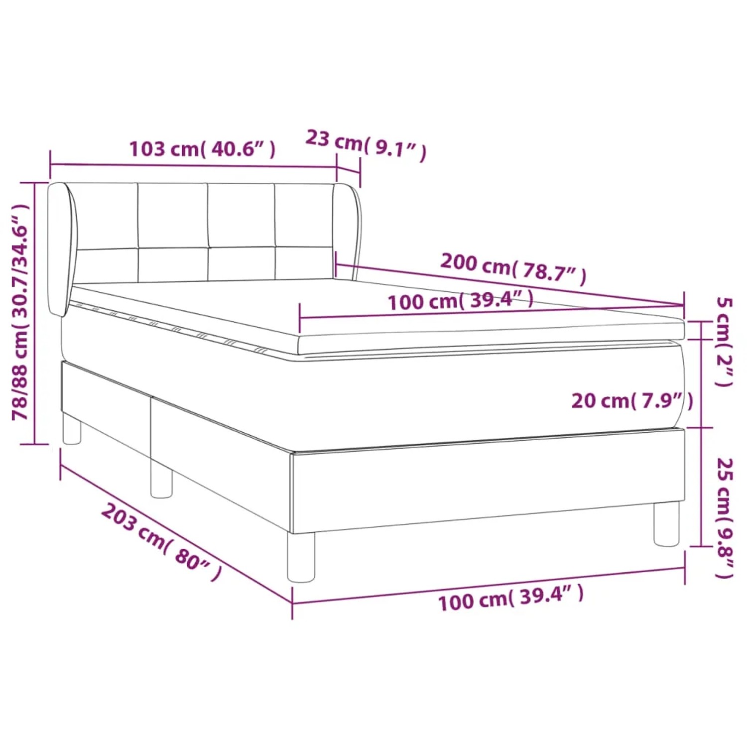 Dunkelgraues Boxspringbett 100x200 cm mit Samtbezug, inklusive Matratze und Topper.
