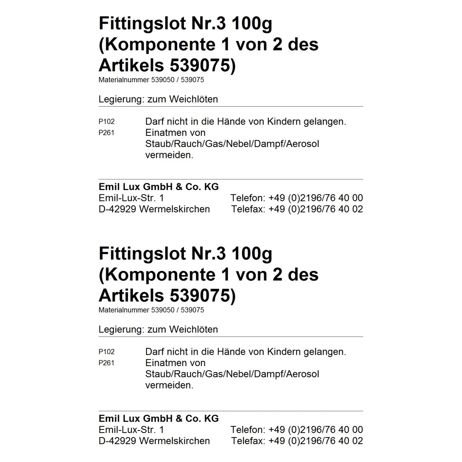 Etikett Fittingslot Nr. 3, 100g, Komponente zum Weichlöten, Sicherheitshinweise und Herstellerinformationen.