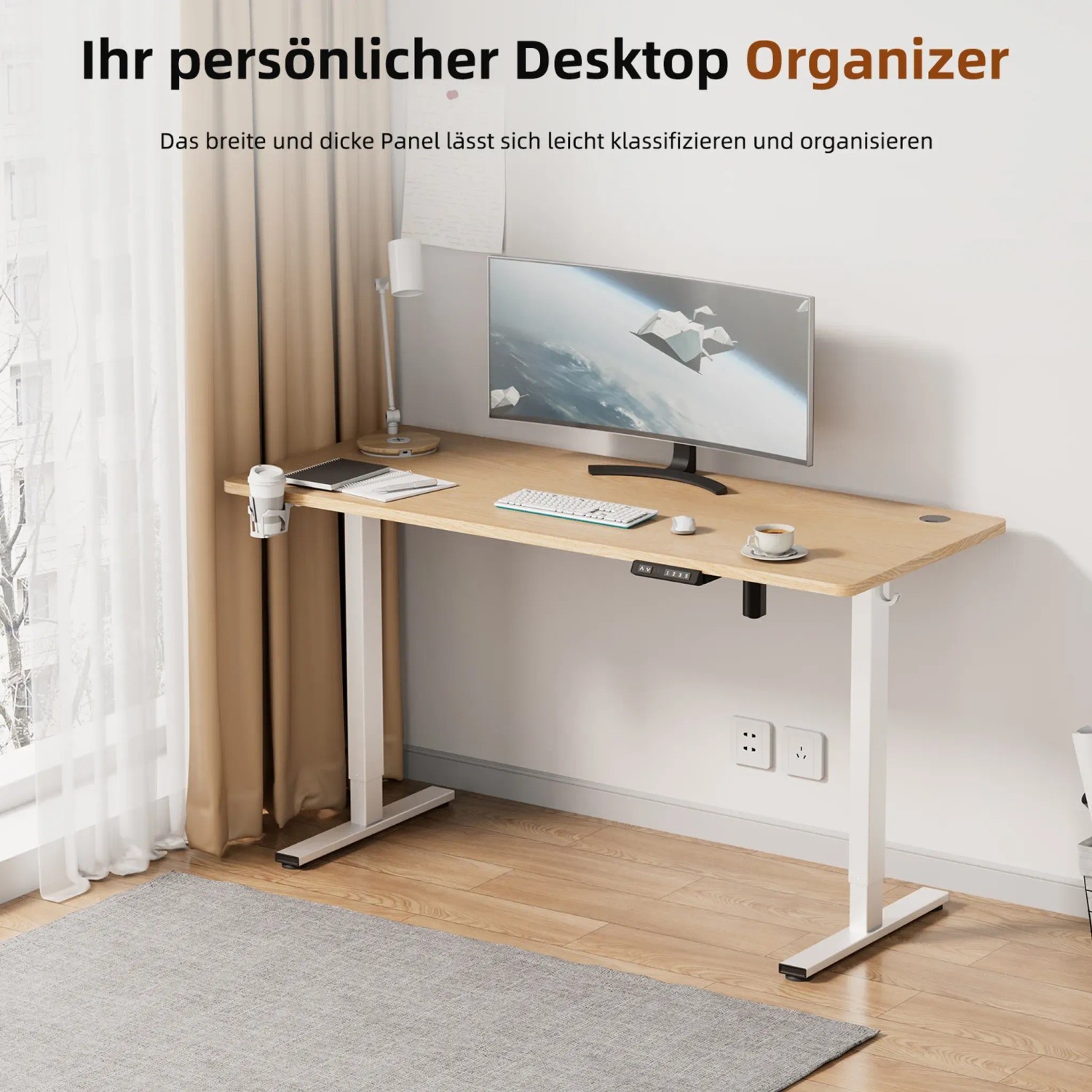 Elektrisch höhenverstellbarer Schreibtisch (120x60cm) mit Ladestation und Anti-Kollisions-System.
