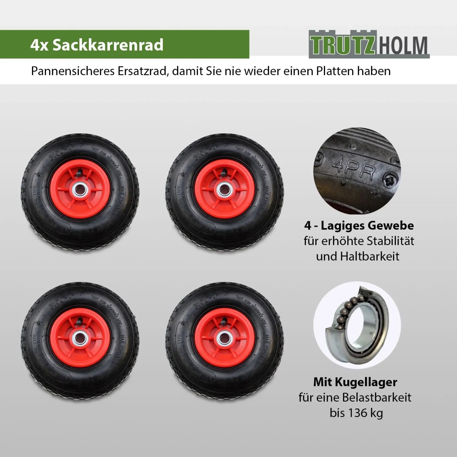 TRUTZHOLM 4x Sackkarrenrad Luftrad 260x85mm 3.00-4 60mm Versetze Nabe Durchmesser 20mm 4PR Gewebe Rot